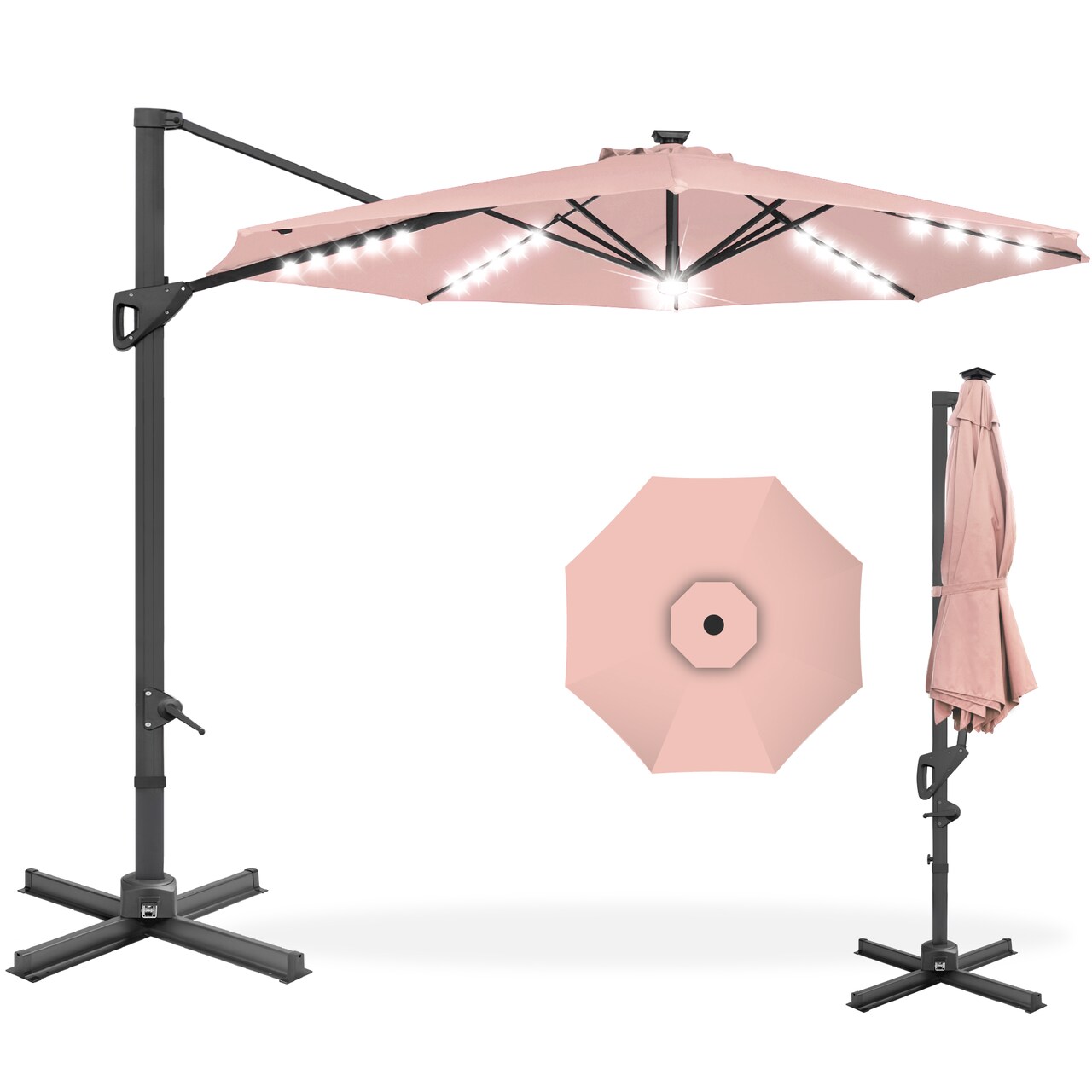 Best Choice Products 10ft 360-Degree Solar LED Lit Cantilever Patio Umbrella, Outdoor Hanging Shade